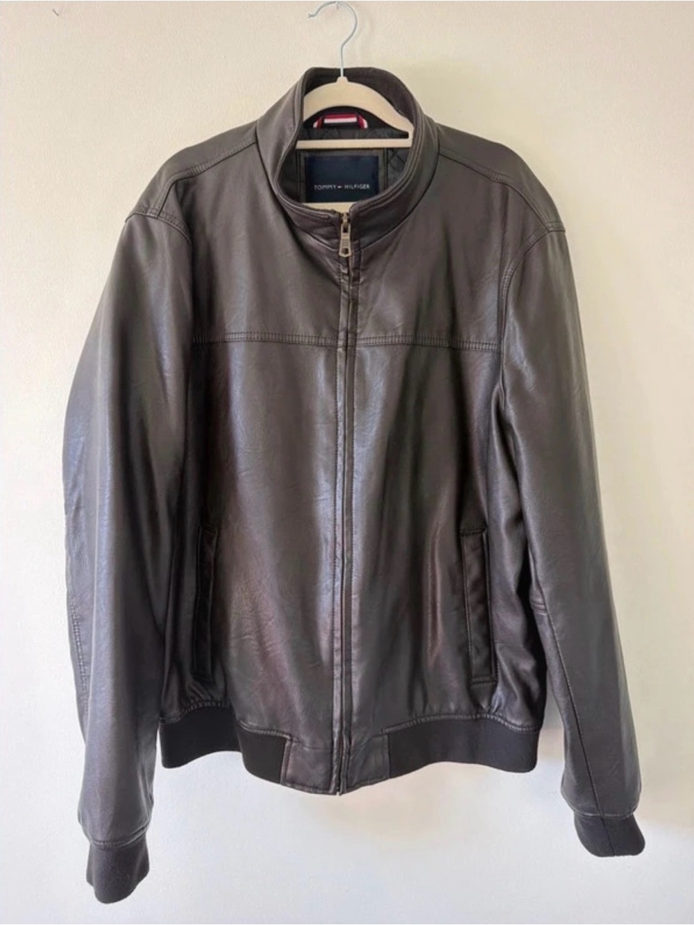 Tommy Hilfiger Men's Faux Leather Bomber Jacket - Dark Brown - Size Large NWOT